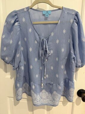 CeCe Light Blue Embroidered Tie-Front Peasant Blouse